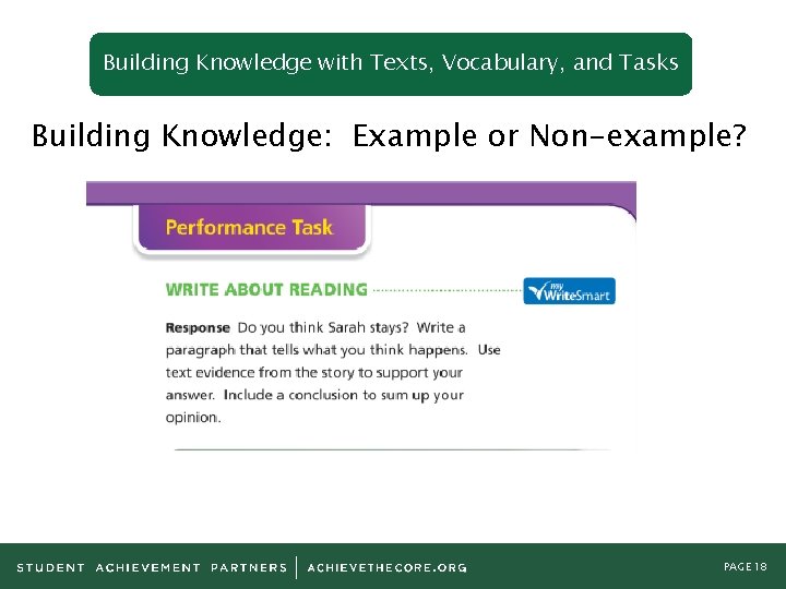 Building Knowledge with Texts, Vocabulary, and Tasks Building Knowledge: Example or Non-example? PAGE 18
