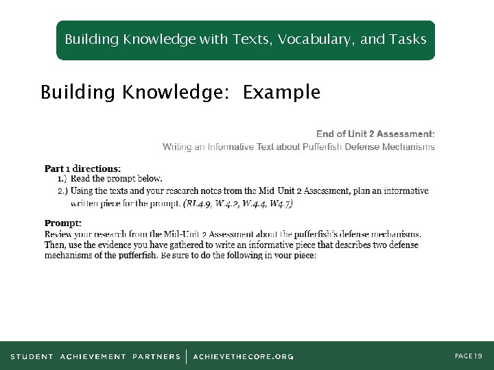 Building Knowledge with Texts, Vocabulary, and Tasks Building Knowledge: Example PAGE 19 