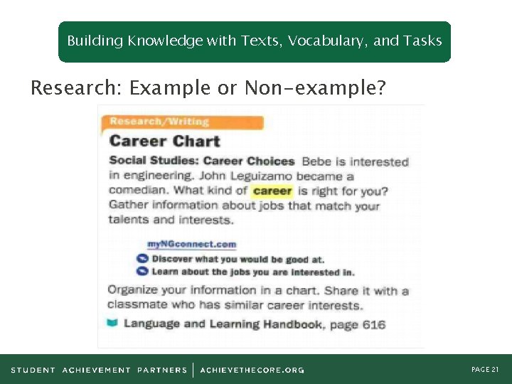 Building Knowledge with Texts, Vocabulary, and Tasks Research: Example or Non-example? PAGE 21 