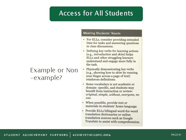 Access for All Students Example or Non -example? PAGE 41 