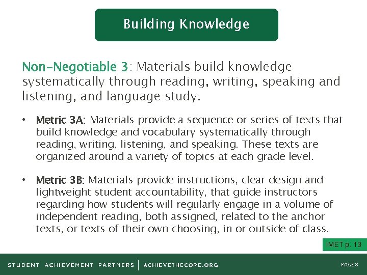 Building Knowledge Non-Negotiable 3: Materials build knowledge systematically through reading, writing, speaking and listening,