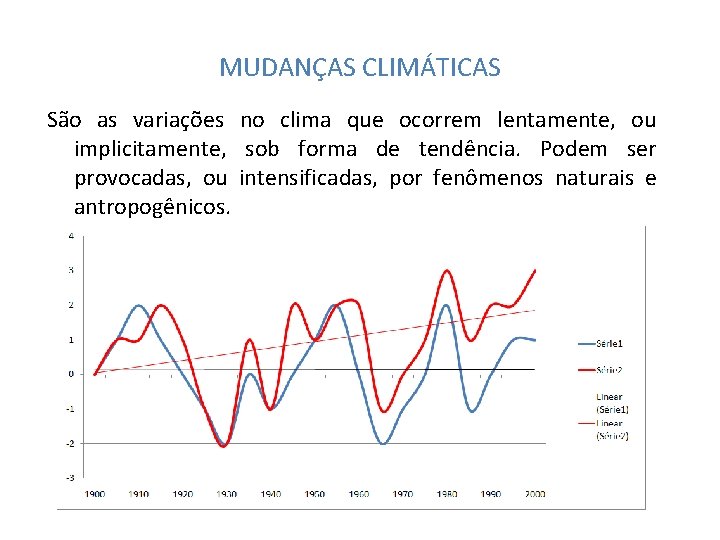 MUDANÇAS CLIMÁTICAS São as variações no clima que ocorrem lentamente, ou implicitamente, sob forma