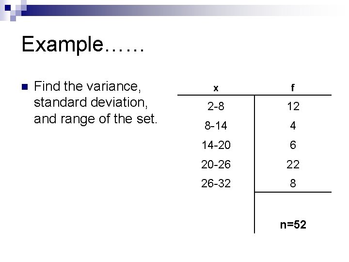 Example…… n Find the variance, standard deviation, and range of the set. x f