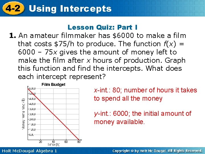 4 -2 Using Intercepts Lesson Quiz: Part I 1. An amateur filmmaker has $6000