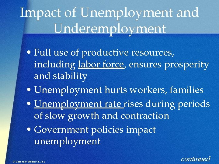 Impact of Unemployment and Underemployment • Full use of productive resources, including labor force,