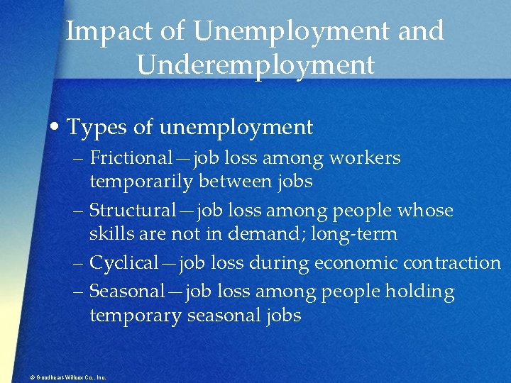 Impact of Unemployment and Underemployment • Types of unemployment – Frictional—job loss among workers