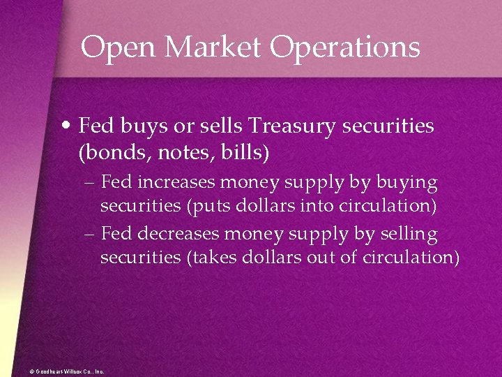 Open Market Operations • Fed buys or sells Treasury securities (bonds, notes, bills) –