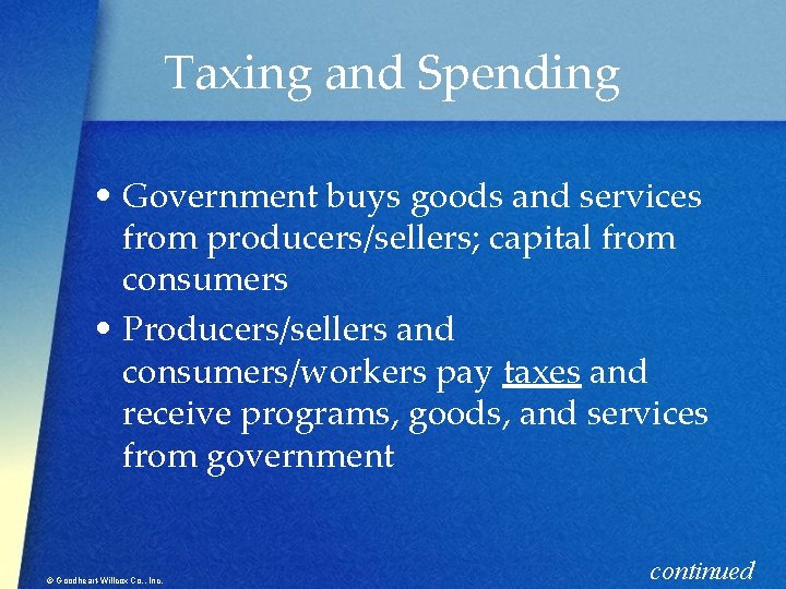 Taxing and Spending • Government buys goods and services from producers/sellers; capital from consumers