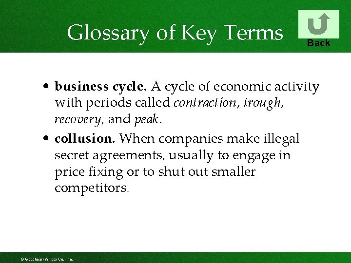 Glossary of Key Terms Back • business cycle. A cycle of economic activity with