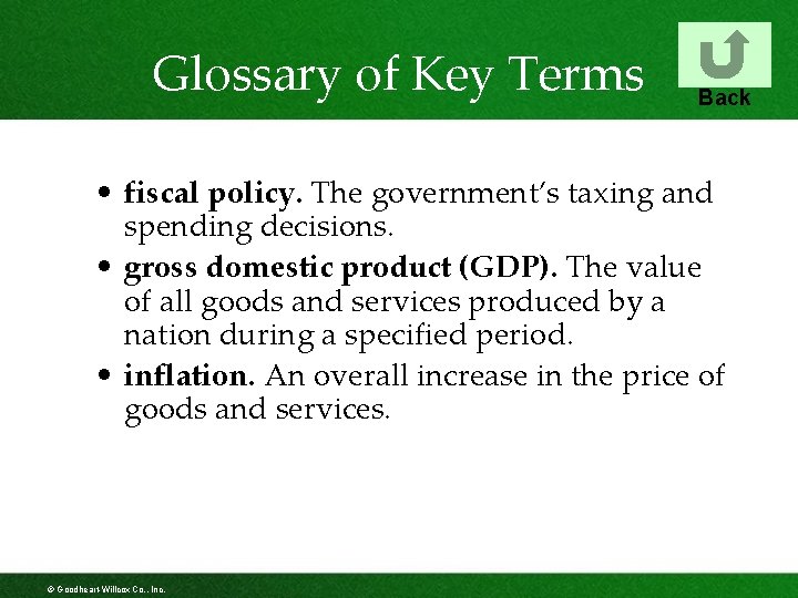 Glossary of Key Terms Back • fiscal policy. The government’s taxing and spending decisions.