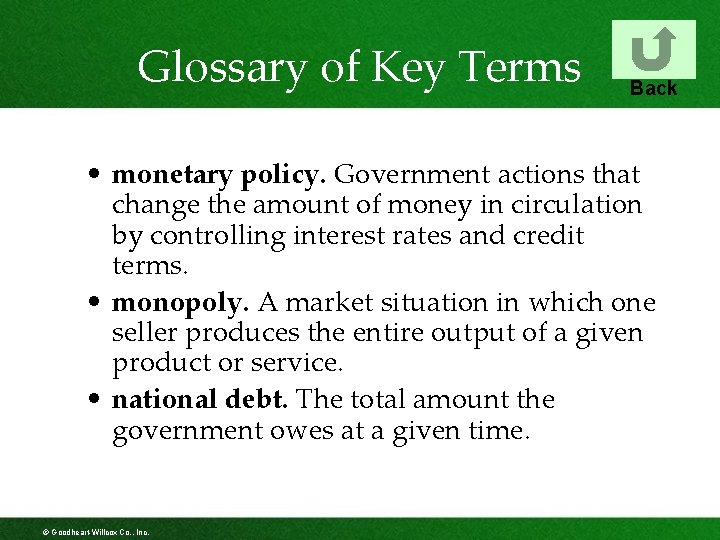 Glossary of Key Terms Back • monetary policy. Government actions that change the amount