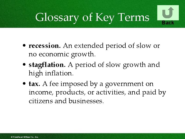 Glossary of Key Terms Back • recession. An extended period of slow or no