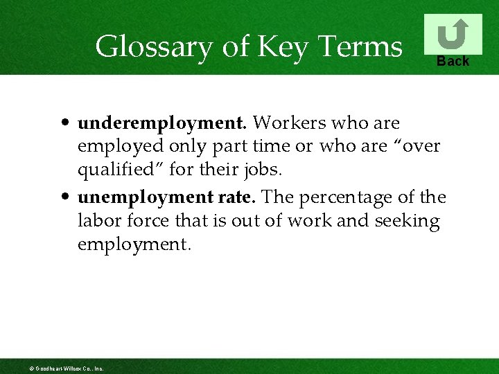 Glossary of Key Terms Back • underemployment. Workers who are employed only part time