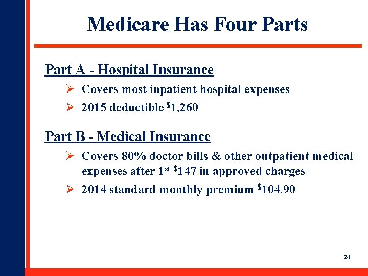 Medicare Has Four Parts Part A - Hospital Insurance Ø Covers most inpatient hospital