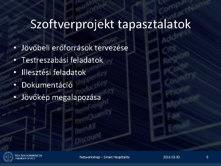 Szoftverprojekt tapasztalatok • • • Jövőbeli erőforrások tervezése Testreszabási feladatok Illesztési feladatok Dokumentáció Jövőkép