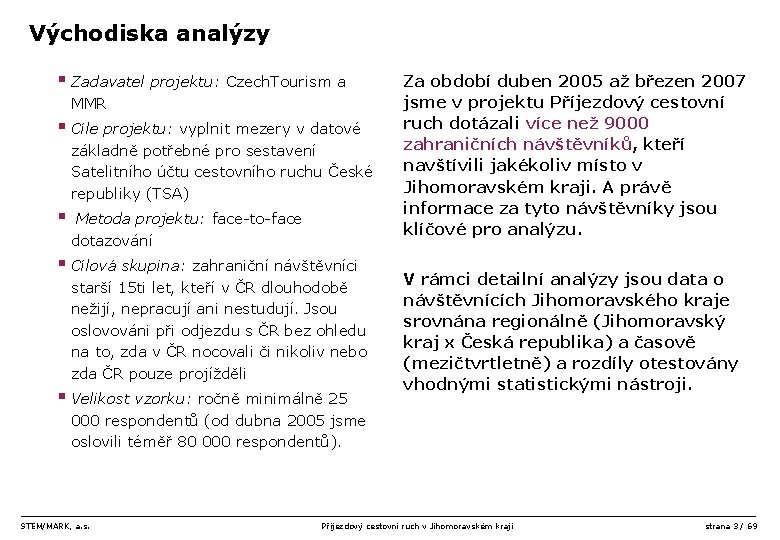 Východiska analýzy § Zadavatel projektu: Czech. Tourism a MMR § Cíle projektu: vyplnit mezery