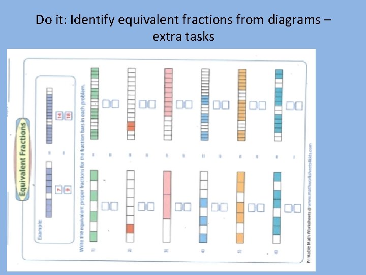 Do it: Identify equivalent fractions from diagrams – extra tasks 
