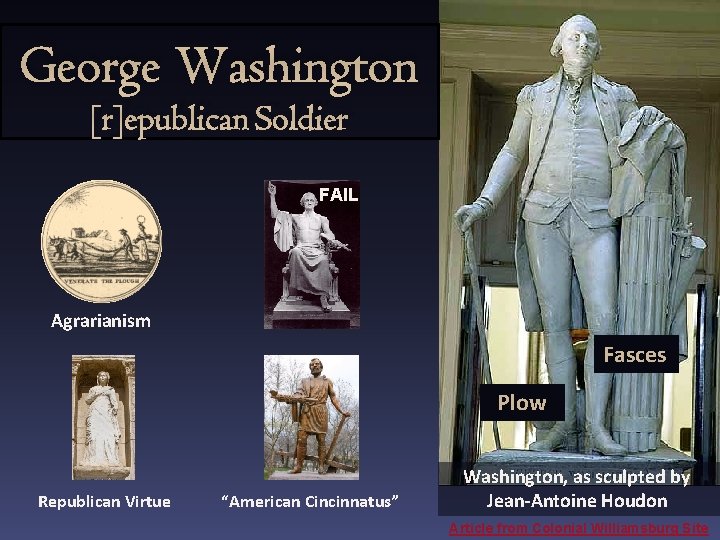 George Washington [r]epublican Soldier FAIL Agrarianism Fasces Plow Republican Virtue “American Cincinnatus” Washington, as