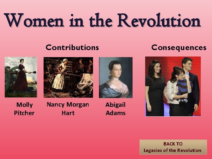 Women in the Revolution Contributions Molly Pitcher Nancy Morgan Hart Consequences Abigail Adams BACK