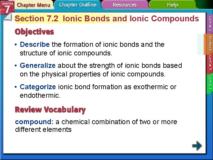Section 7. 2 Ionic Bonds and Ionic Compounds • Describe the formation of ionic