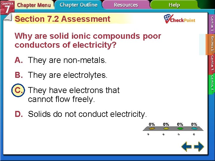 Section 7. 2 Assessment Why are solid ionic compounds poor conductors of electricity? A.