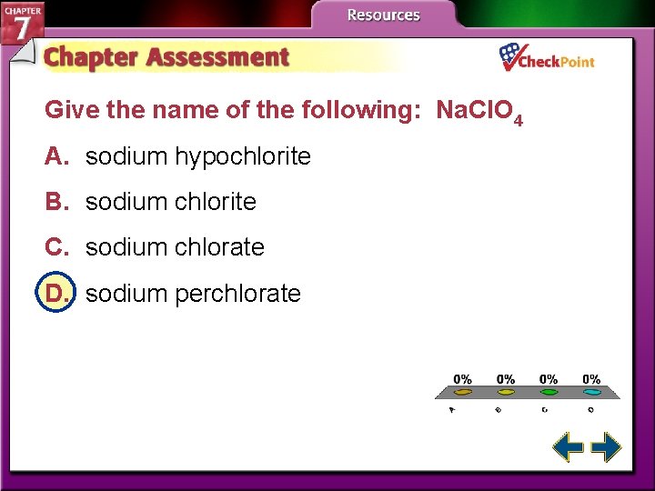 Give the name of the following: Na. Cl. O 4 A. sodium hypochlorite B.