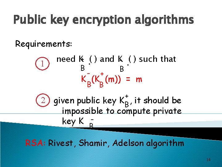 Public key encryption algorithms Requirements: 1 . B need K+ ( ) and K-