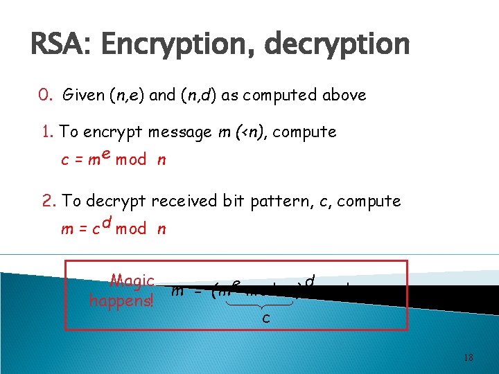 RSA: Encryption, decryption 0. Given (n, e) and (n, d) as computed above 1.