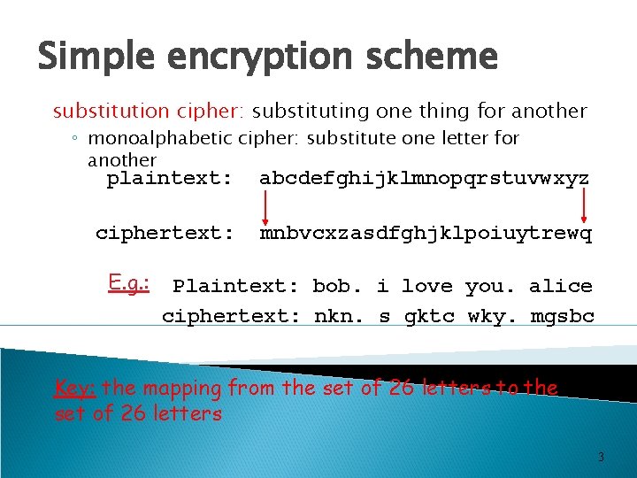Simple encryption scheme substitution cipher: substituting one thing for another ◦ monoalphabetic cipher: substitute