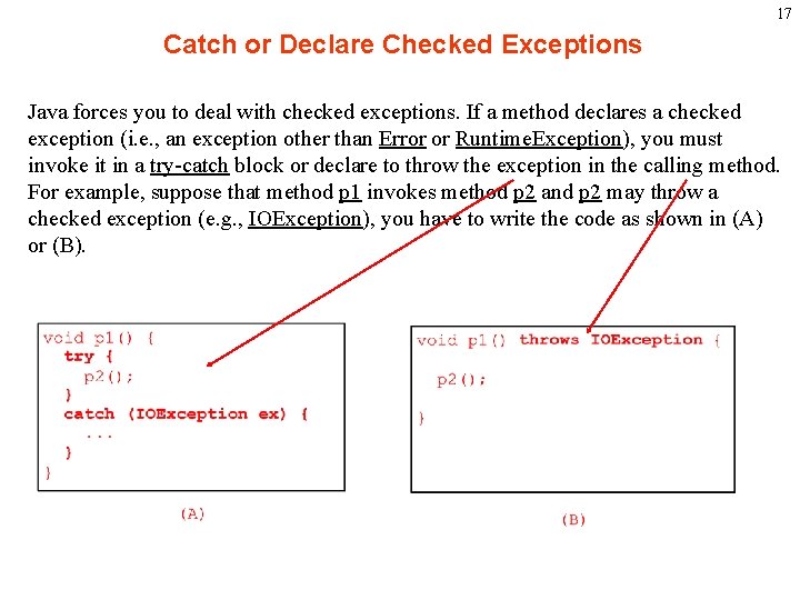 17 Catch or Declare Checked Exceptions Java forces you to deal with checked exceptions.