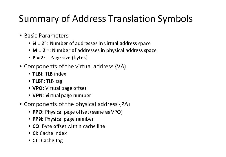 Summary of Address Translation Symbols • Basic Parameters • N = 2 n :