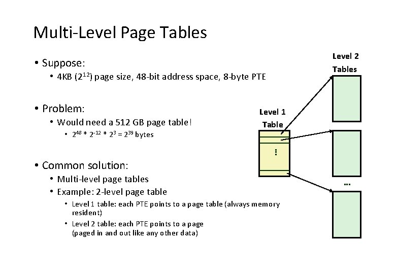 Multi-Level Page Tables Level 2 Tables • Suppose: • 4 KB (212) page size,