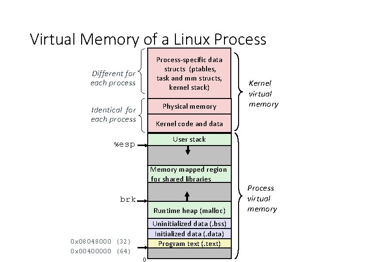 Virtual Memory of a Linux Process-specific data structs (ptables, task and mm structs, kernel