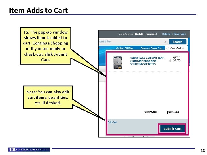 Item Adds to Cart 15. The pop-up window shows item is added to cart.