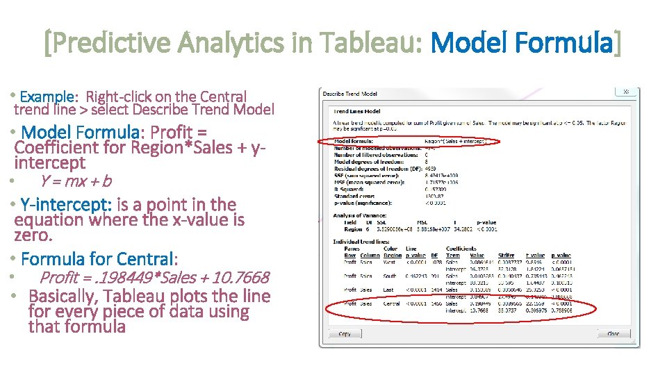 [Predictive Analytics in Tableau: Model Formula] • Example: Right-click on the Central trend line