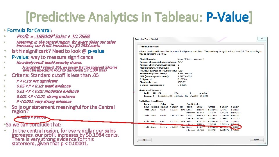 [Predictive Analytics in Tableau: P-Value] • Formula for Central: • Profit =. 198449*Sales +