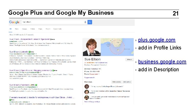 Google Plus and Google My Business 21 ‣ plus. google. com ‣ add in