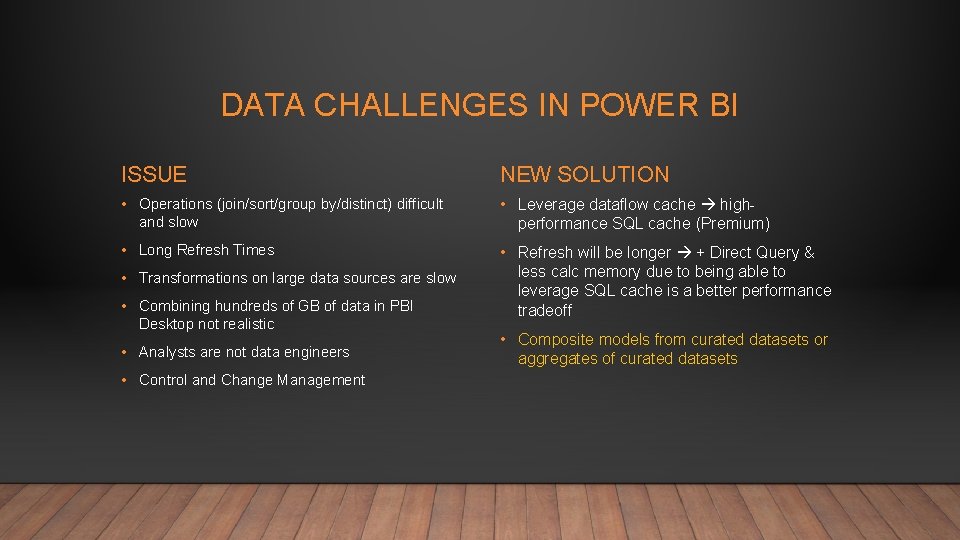 DATA CHALLENGES IN POWER BI ISSUE NEW SOLUTION • Operations (join/sort/group by/distinct) difficult and