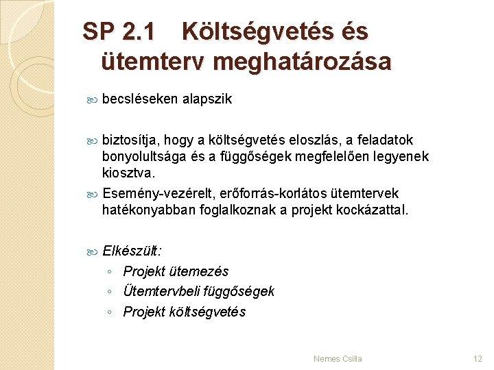 SP 2. 1 Költségvetés és ütemterv meghatározása becsléseken alapszik biztosítja, hogy a költségvetés eloszlás,