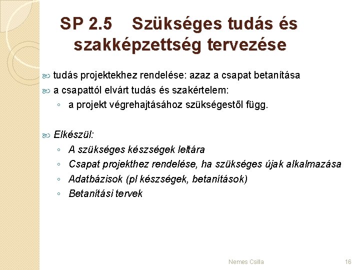 SP 2. 5 Szükséges tudás és szakképzettség tervezése tudás projektekhez rendelése: azaz a csapat