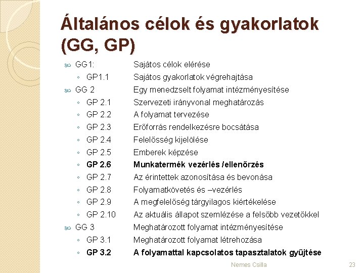 Általános célok és gyakorlatok (GG, GP) GG 1: Sajátos célok elérése ◦ GP 1.