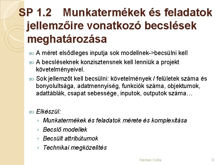 SP 1. 2 Munkatermékek és feladatok jellemzőire vonatkozó becslések meghatározása A méret elsődleges inputja