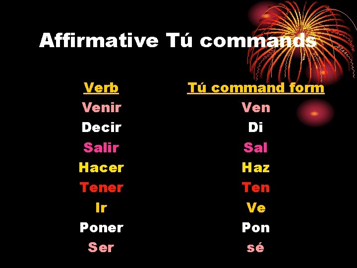 Affirmative Tú commands Verb Venir Decir Salir Hacer Tener Ir Poner Ser Tú command