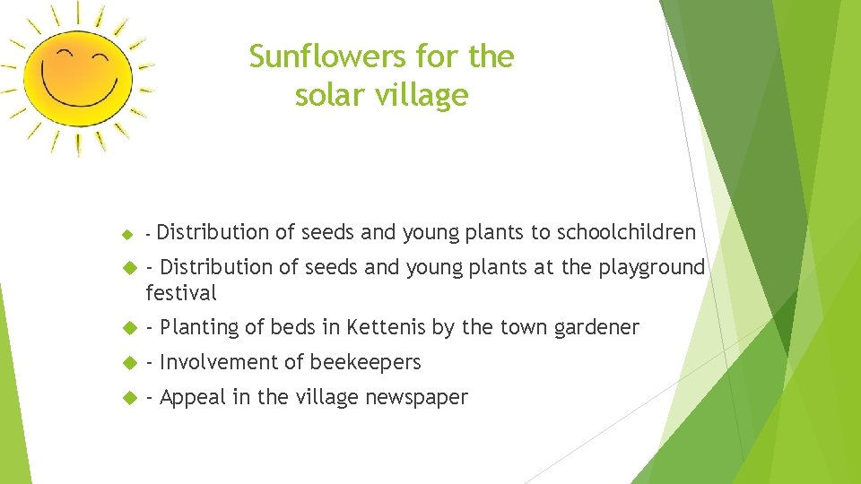 Sunflowers for the solar village Distribution of seeds and young plants to schoolchildren -