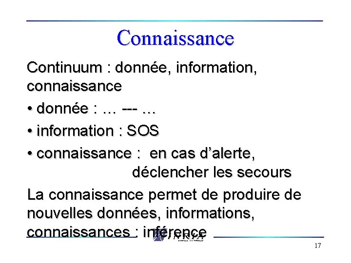 Connaissance Continuum : donnée, information, connaissance • donnée : … --- … • information