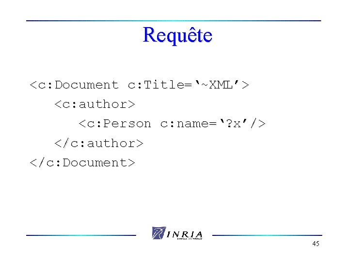 Requête <c: Document c: Title=‘~XML’> <c: author> <c: Person c: name=‘? x’/> </c: author>