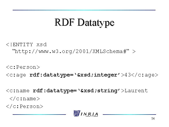 RDF Datatype <!ENTITY xsd ”http: //www. w 3. org/2001/XMLSchema#” > <c: Person> <c: age