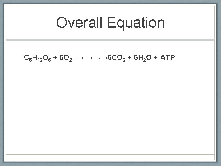 Overall Equation C 6 H 12 O 6 + 6 O 2 → →→→