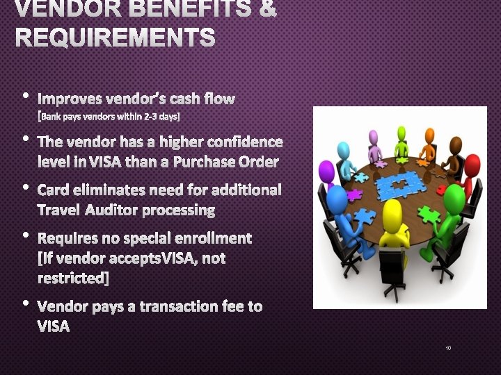 VENDOR BENEFITS & REQUIREMENTS • IMPROVES VENDOR’S CASH FLOW [BANK PAYS VENDORS WITHIN 2