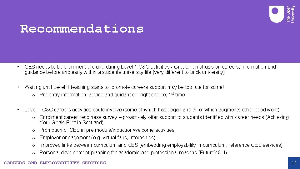 Recommendations • CES needs to be prominent pre and during Level 1 C&C activities